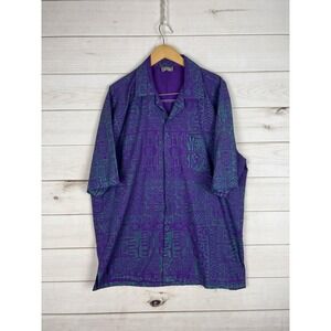 Goofy Gecko Shirt Mens Large Purple Green Tribal Print Hawaiian Fiji Cotton